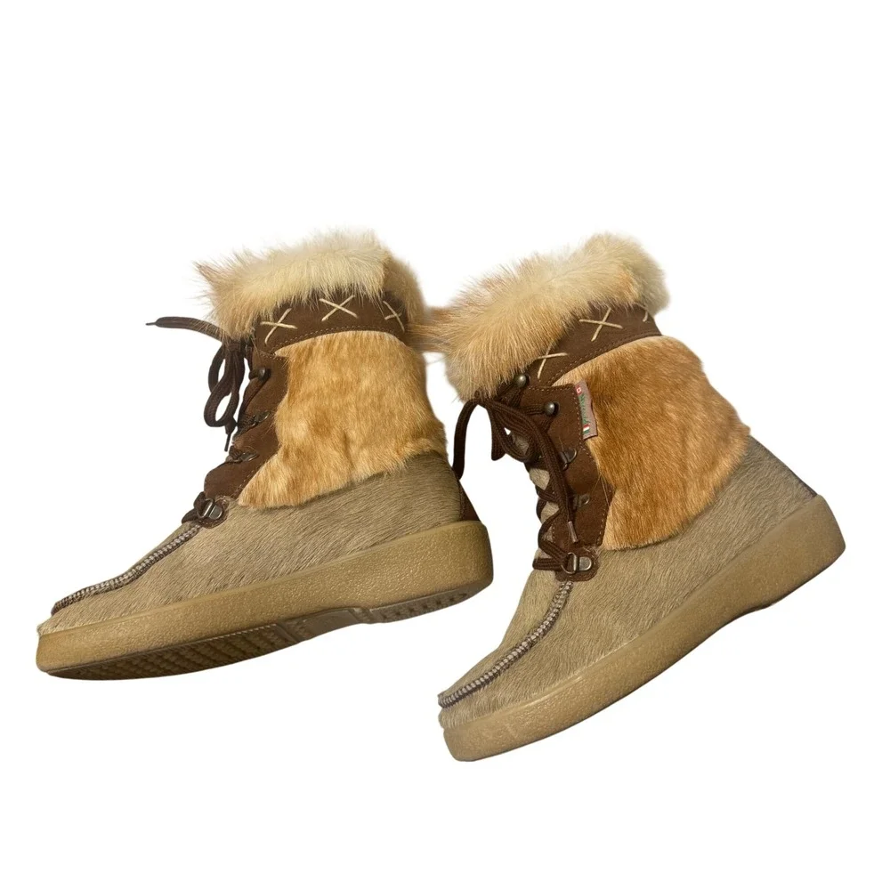 Pajar Winter Boots Women 39 Brown Tan Excellent Goat Hair Fox Fur Made in Italy